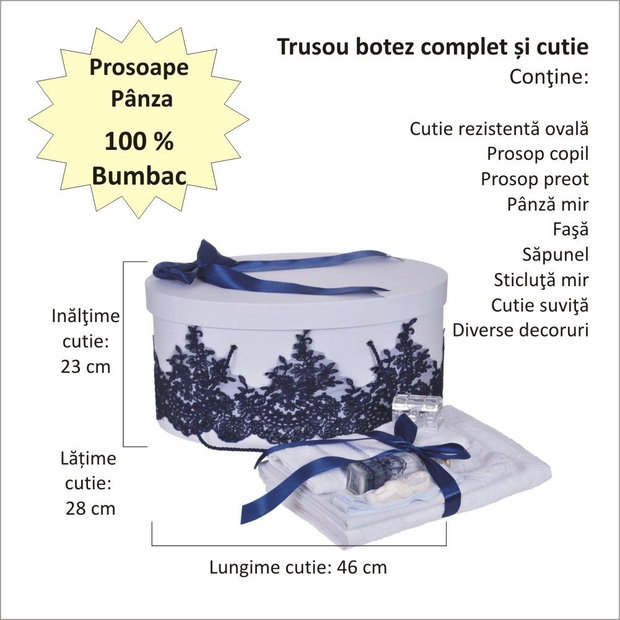 Set trusou botez si cutie trusou, dantela si fundita, decor elegant Bleumarine