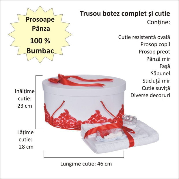 Set trusou botez si cutie trusou, dantela si fundita, decor elegant Rosu