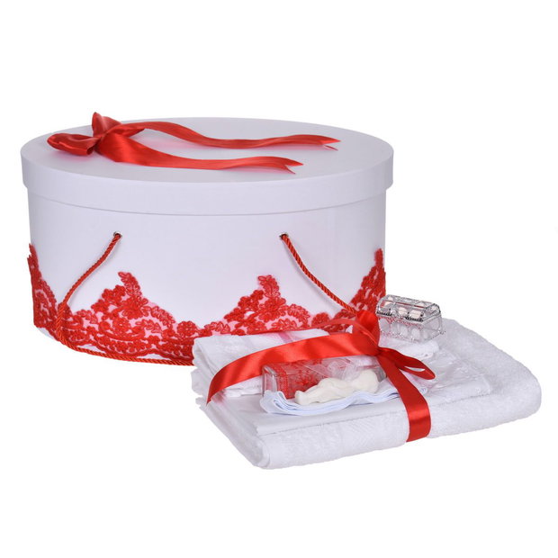 Set trusou botez si cutie trusou, dantela si fundita, decor elegant Rosu