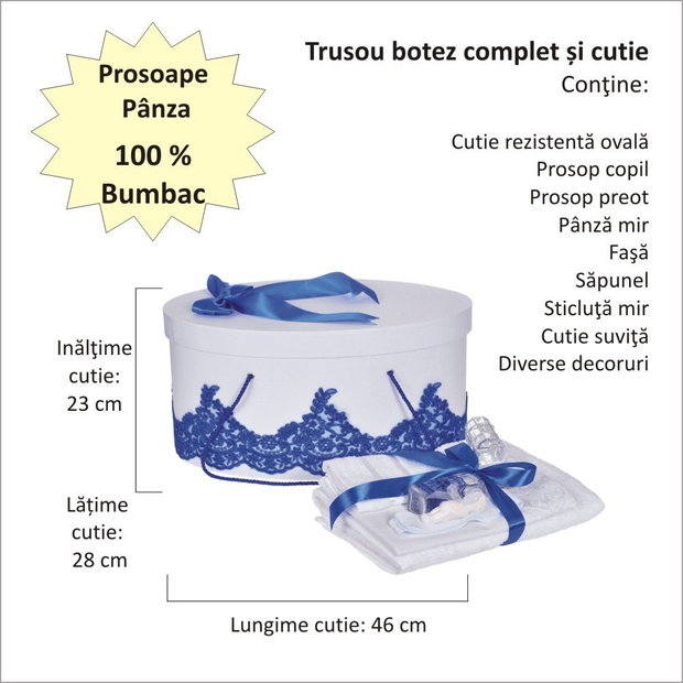 Set trusou botez si cutie trusou, dantela si fundita, decor elegant Albastru