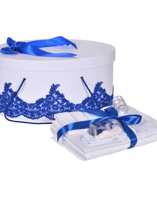 Set trusou botez si cutie trusou, dantela si fundita, decor elegant Albastru