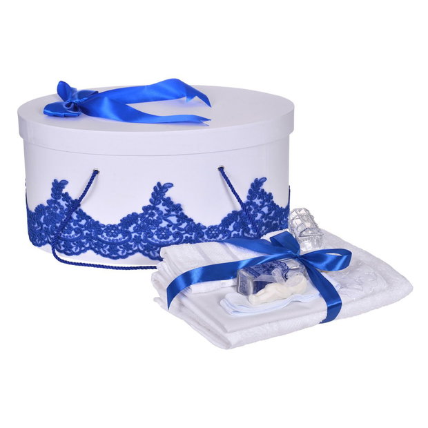 Set trusou botez si cutie trusou, dantela si fundita, decor elegant Albastru