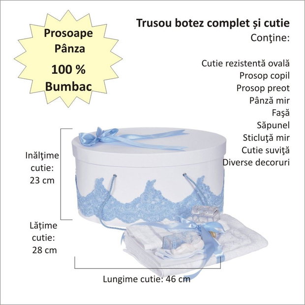 Set trusou botez si cutie trusou, dantela si fundita, decor elegant Bleu