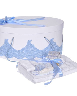 Set trusou botez si cutie trusou, dantela si fundita, decor elegant Bleu