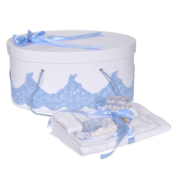 Set trusou botez si cutie trusou, dantela si fundita, decor elegant Bleu