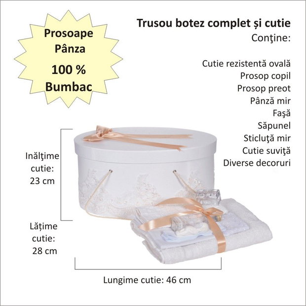 Set trusou botez si cutie trusou, dantela si fundita, decor elegant Ivoire - Auriu