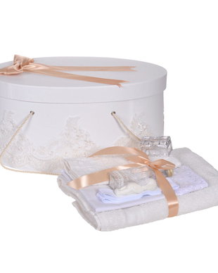 Set trusou botez si cutie trusou, dantela si fundita, decor elegant Ivoire - Auriu