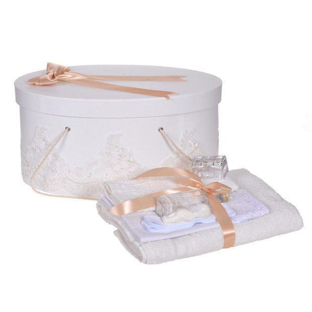 Set trusou botez si cutie trusou, dantela si fundita, decor elegant Ivoire - Auriu
