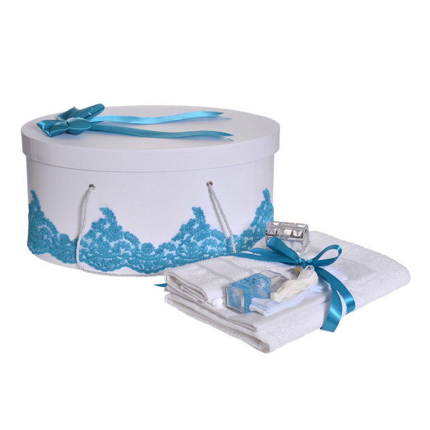 Set trusou botez si cutie trusou, dantela si fundita, decor elegant Turcoaz