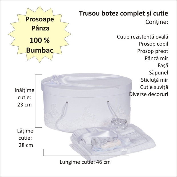 Set trusou botez si cutie trusou, dantela si fundita, decor elegant Alb