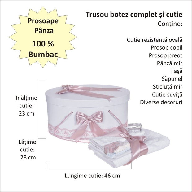 Set trusou botez si cutie trusou, dantela si fundite, decor Roz pudra