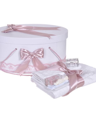 Set trusou botez si cutie trusou, dantela si fundite, decor Roz pudra