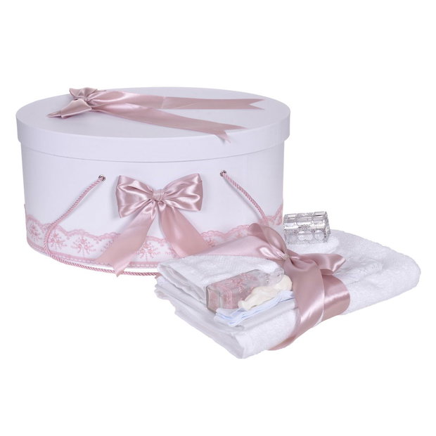 Set trusou botez si cutie trusou, dantela si fundite, decor Roz pudra