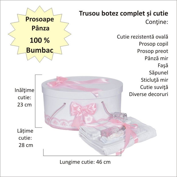 Set trusou botez si cutie trusou, dantela si fundite, decor Roz