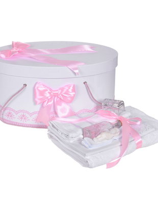 Set trusou botez si cutie trusou, dantela si fundite, decor Roz