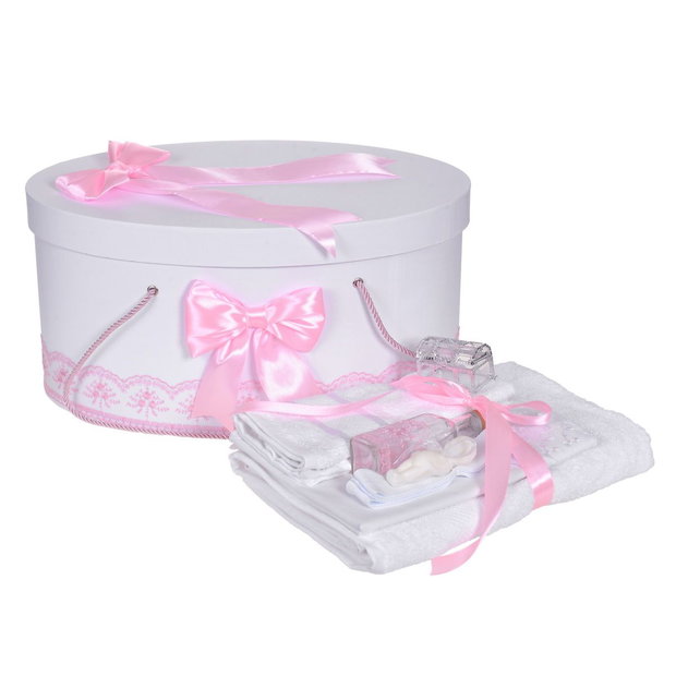 Set trusou botez si cutie trusou, dantela si fundite, decor Roz