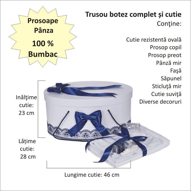 Set trusou botez si cutie trusou, dantela si fundite, decor Bleumarine