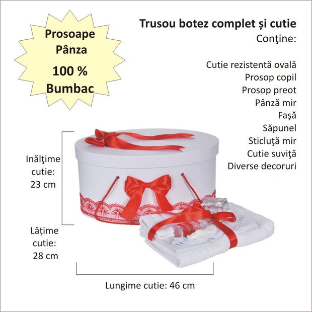 Set trusou botez si cutie trusou, dantela si fundite, decor Rosu