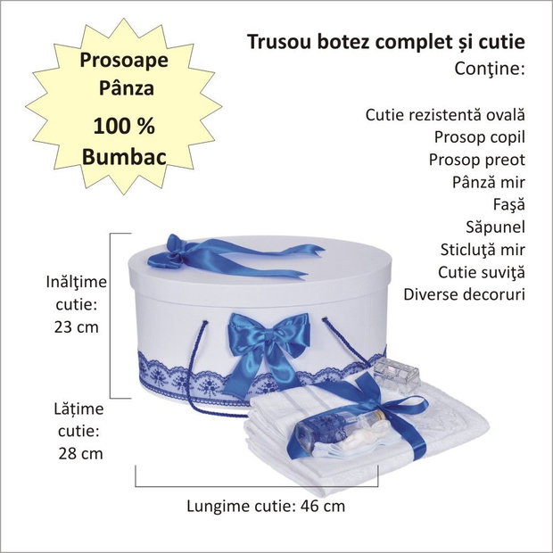 Set trusou botez si cutie trusou, dantela si fundite, decor Albastru