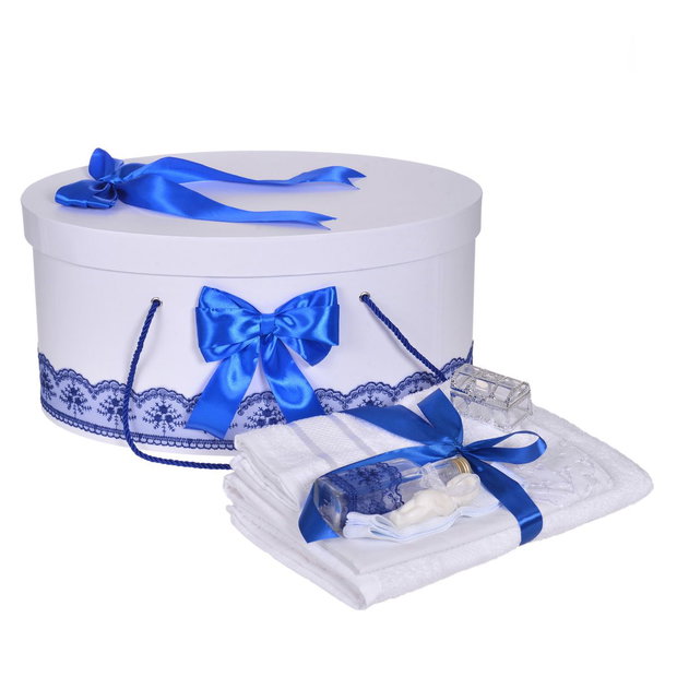 Set trusou botez si cutie trusou, dantela si fundite, decor Albastru
