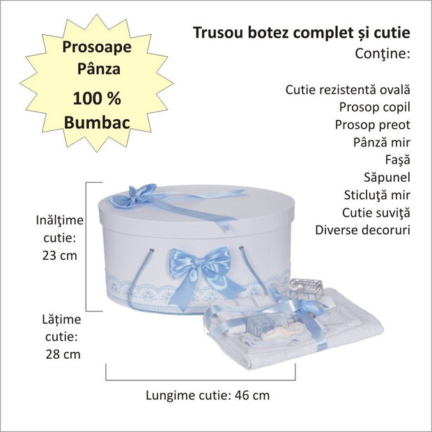 Set trusou botez si cutie trusou, dantela si fundite, decor Bleu