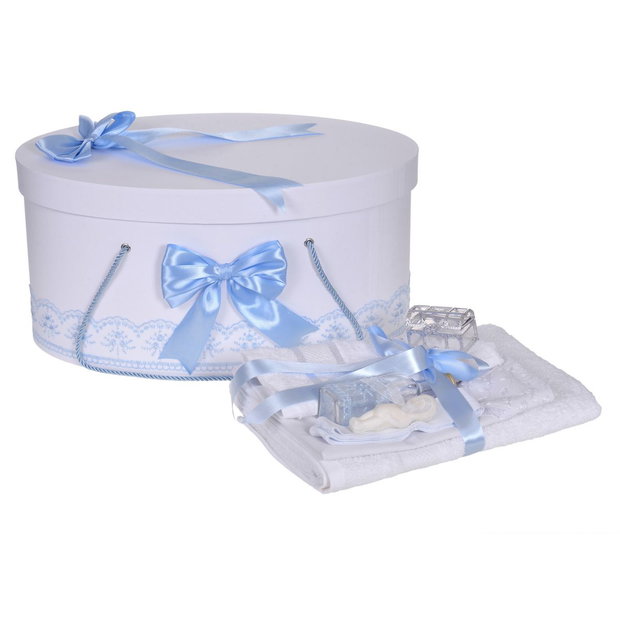 Set trusou botez si cutie trusou, dantela si fundite, decor Bleu