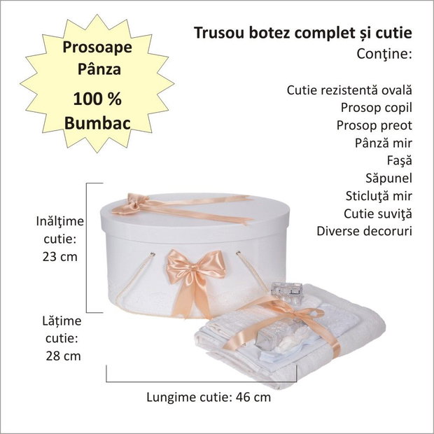 Set trusou botez si cutie trusou, dantela si fundite, decor Ivoire - Auriu