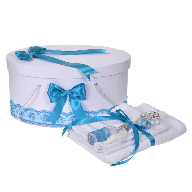 Set trusou botez si cutie trusou, dantela si fundite, decor Turcoaz