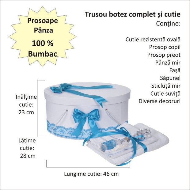 Set trusou botez si cutie trusou, dantela si fundite, decor Turcoaz