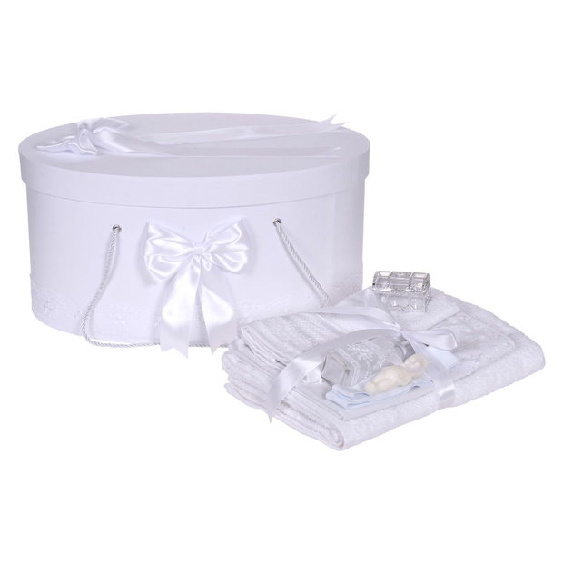 Set trusou botez si cutie trusou, dantela si fundite, decor Alb