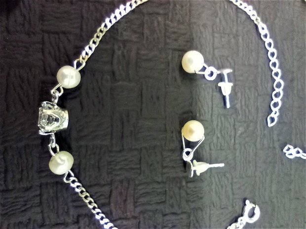 Set argint colier si bratara cercei cadou perle naturale de cultura charm  conector zircon AB lant argint clasic elegant mireasa ocazie trendy Transport gratuit