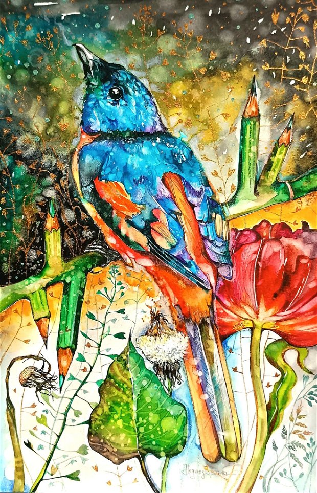Tablou Summer Simphony. Arta Ta. Pictura autentica de toamnă in acuarelă. Birds. Collection