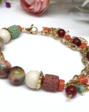 Bratara charm  toamna aurie /jad,coral,lava /inox auriu