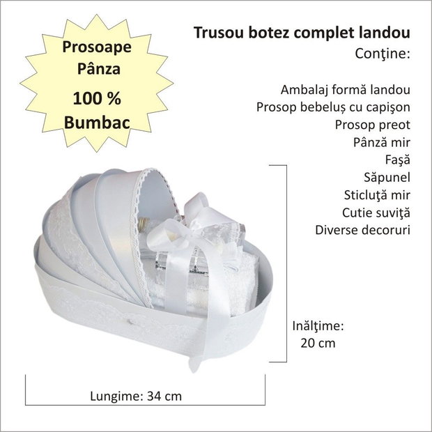 Trusou botez landou, trusou botez elegant decorat cu dantela si fundite, decor Alb