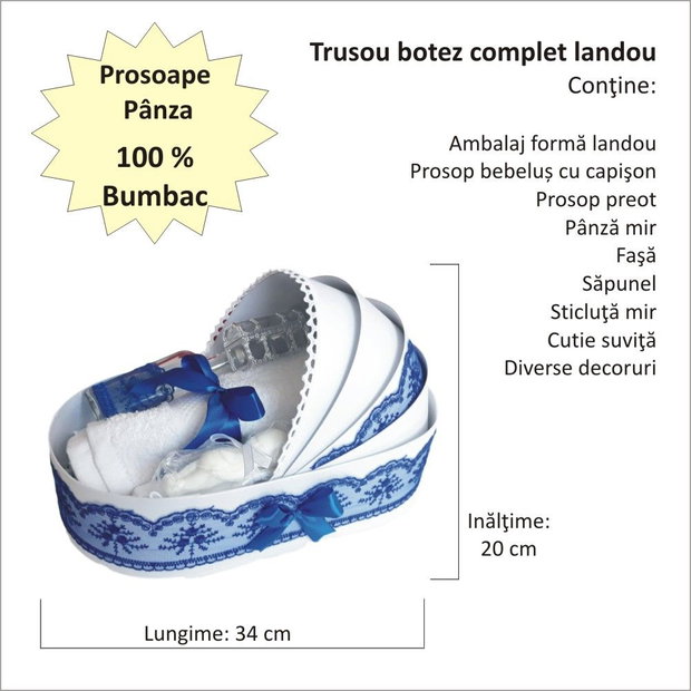 Trusou botez landou, trusou botez elegant decorat cu dantela si fundite, decor Albastru