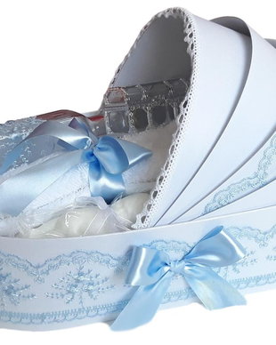 Trusou botez landou, trusou botez elegant decorat cu dantela si fundite, decor Bleu