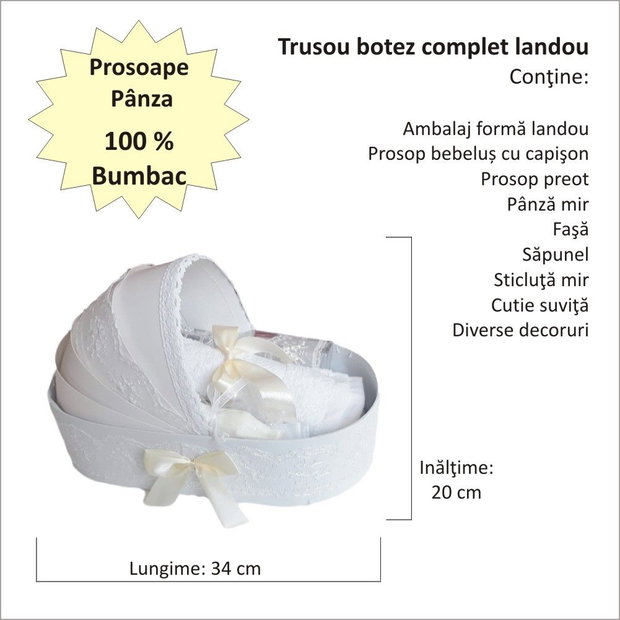 Trusou botez landou, trusou botez elegant decorat cu dantela si fundite, decor Ivoire - crem
