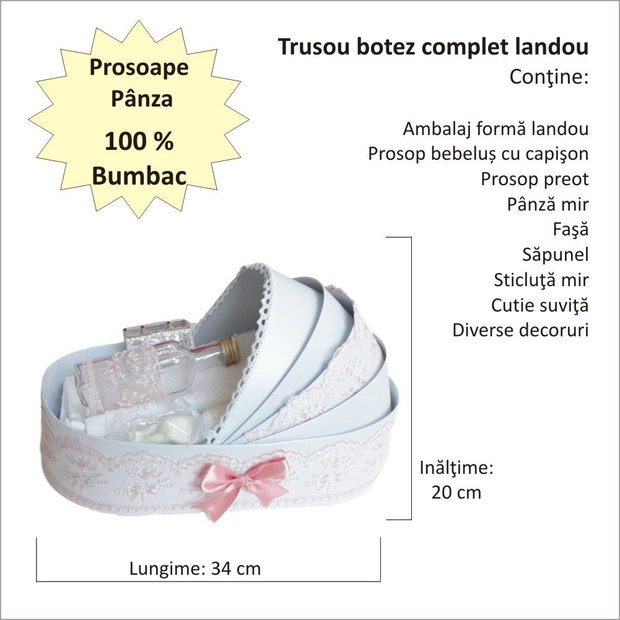 Trusou botez landou, trusou botez elegant decorat cu dantela si fundite, decor Roz prafuit