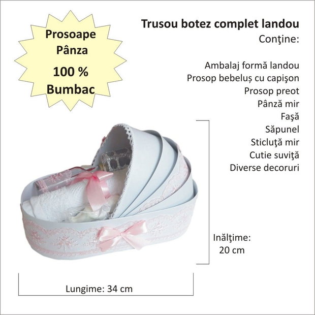 Trusou botez landou, trusou botez elegant decorat cu dantela si fundite, decor Roz
