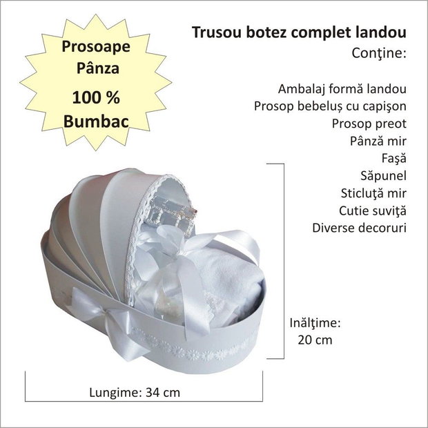 Trusou botez landou, trusou botez elegant decorat cu dantela si fundite, decor Alb floricele