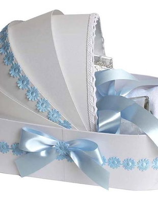 Trusou botez complet landou, trusou botez elegant decorat cu dantela si fundite, decor Bleu floricele