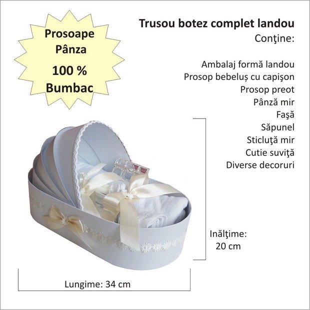 Trusou botez complet landou, trusou botez elegant decorat cu dantela si fundite, decor Crem ivoire floricele