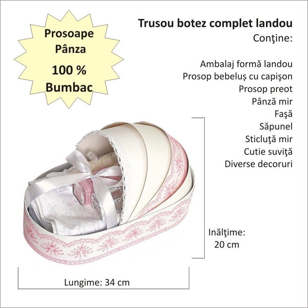 Trusou botez complet landou, trusou botez elegant decorat cu dantela si fundite, decor Roz