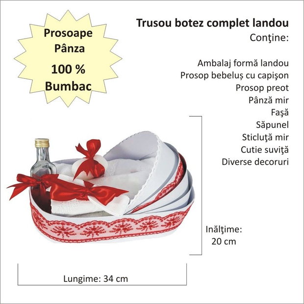 Trusou botez complet landou, trusou botez elegant decorat cu dantela si fundite, decor Rosu