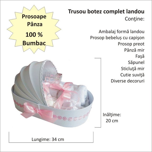 Trusou botez complet landou, trusou botez elegant decorat cu dantela si fundite, decor Roz floricele