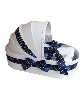Trusou botez complet landou, trusou botez elegant decorat cu dantela si fundite, decor Bleumarine cu buline