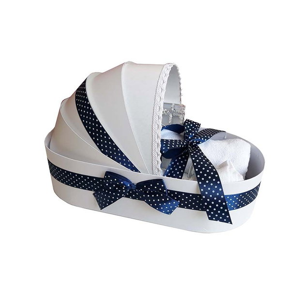 Trusou botez complet landou, trusou botez elegant decorat cu dantela si fundite, decor Bleumarine cu buline