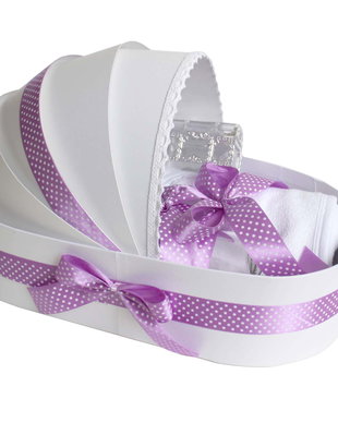 Trusou botez complet landou, trusou botez elegant decorat cu dantela si fundite, decor Lila cu buline