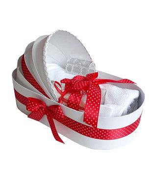 Trusou botez complet landou, trusou botez elegant decorat cu dantela si fundite, decor Rosu cu buline