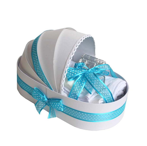 Trusou botez complet landou, trusou botez elegant decorat cu dantela si fundite, decor Turcoaz cu buline